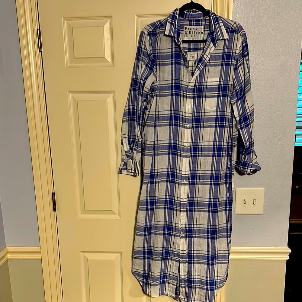 Frank & Eileen Rory Linen Blue and White Plaid Shirt Dress Sz L PERFECT worn 1X